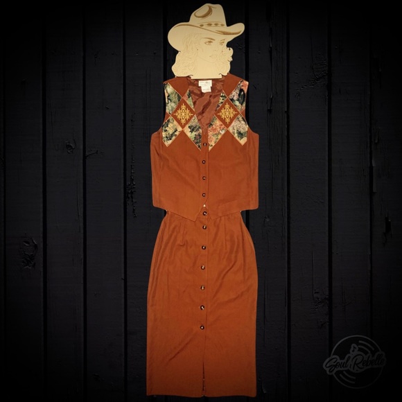 Vintage Ginger Brown Western Embroidered Vest and Skirt Two Piece - Picture 3 of 15